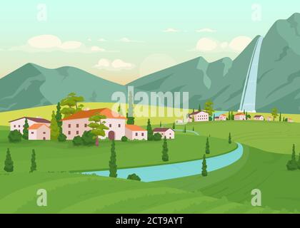 Tuscany scenery flat color vector illustration. River near farmhouses. Residential houses near mountain with waterfall. Idyllic countryside 2D cartoon Stock Vector