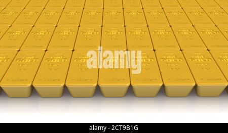 The highest standard gold bars. A lot of ingots of 999.9 Fine Gold lie in a row on white surface. 3D illustration Stock Photo