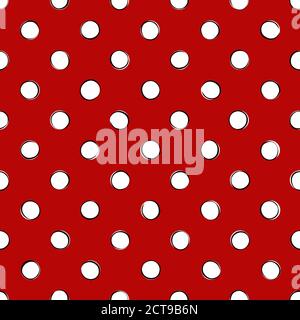 White retro polka dots with black outline on a red background. Seamless pattern Stock Vector