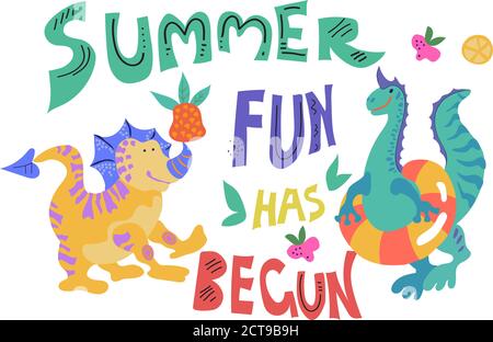 Cute dinosaurs or dragons on beach or swimming pool with summer slogan vector. Stock Vector