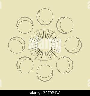 Abstract contemporary aesthetic background with Moon phases, with the sun. Boho wall decor. Modern minimalist art print. Organic natural shape. Magic Stock Vector