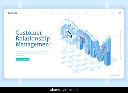 Customer relationship management banner. Marketing strategies and technologies for manage and development client interactions. Vector landing page of CRM with isometric illustration Stock Vector
