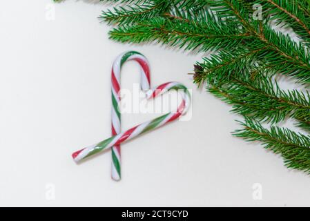 Top view. Heart shape made of candy canes and fir tree twig on white background. Stock Photo