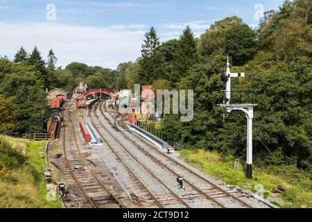 Goathland train station on the North Yorkshire Railway seen in September 2020.  This was used as Hogsmeade station in the Philosophers Stone. Stock Photo