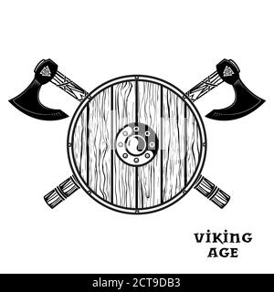 Two crossed battle Viking axes, and viking shield Stock Vector