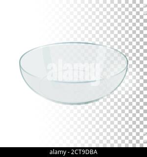 3d empty transparent bowl. Side view food container on transparent background. Realistic element for designs in kitchen theme. Vector illustration. Stock Vector