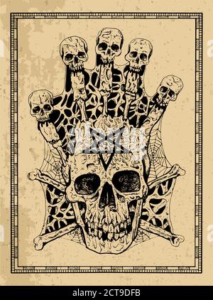 Evil skull with crossbones and pentagram in frame. Esoteric, occult and gothic vector illustration with symbols of death, Halloween mystic background, Stock Vector