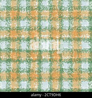 Vector plaid weave seamless pattern background. Organic watercolor brush stroke orange beige green woven check backdrop. Repeat modern gingham cloth Stock Vector