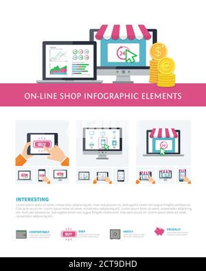 On-line shopping inforaphic elements set, mobile banking, online purchasing. Vector template for on-line technology infographic concept, online store Stock Vector