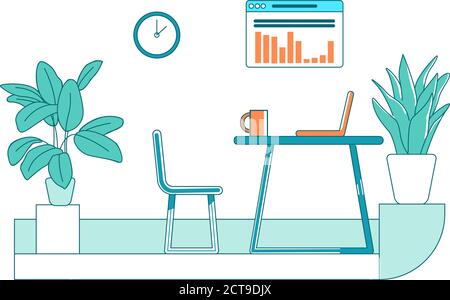 Office flat color vector scene. Work place for corporate employee. Desk with computer to analyze data. Cabinet space isolated cartoon illustration for Stock Vector