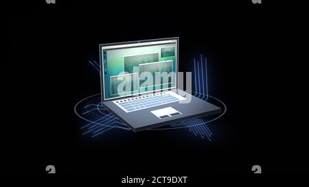 Laptop with different windows on screen against a black background. Notebook icon connected to the internet. Stock Photo