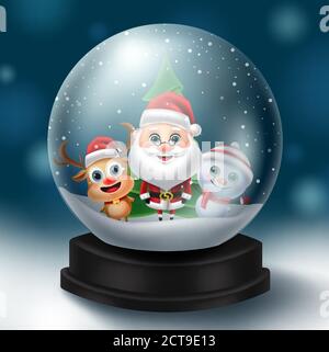 Christmas snowball characters vector concept design. Christmas snow ball element with santa claus, reindeer and snowman xmas character inside. Stock Vector