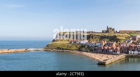 East cliff of Whitby panorama captured in September 2020 on the North Yorkshire coast.