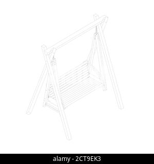 Outline of a wooden swing from black lines isolated on a white background. Isometric view. 3D. Vector illustration Stock Vector