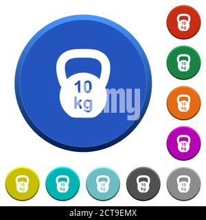 Kettlebel 10 Kg round color beveled buttons with smooth surfaces and flat white icons Stock Vector