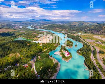 Blue Katun river lake Aya Altai mountains republic Russia, aerial top view Stock Photo
