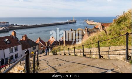 Multiple image panorama of the famous 199 steps down to Whitby in Yorkshire pictured in September 2020. Stock Photo