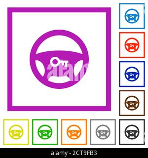 Steering lock flat color icons in square frames on white background Stock Vector