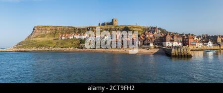 Multi image panorama of St Marys Church sat on top of the East cliff of Whitby above the 199 steps. Stock Photo