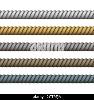 Vector Nautical rope thin and thick. Climbing twisted rope for lasso or marine knots. Navy rope of different color for border or frame. Stock Vector