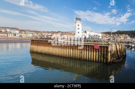 Scarborough harbour entrance multi image panorama seen in September 2020 at low tide. Stock Photo