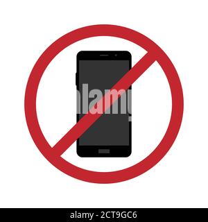Vector of sign or symbol showing no cell phones allowed concept with black smartphone and red no or restricted circle with line across and isolated. Stock Vector
