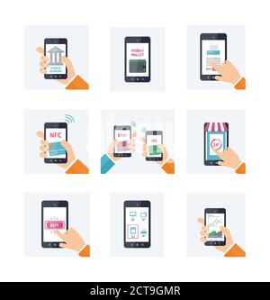 Flat icons set with mobile technology, online shopping, web wallet, nfc, on-line banking concepts. Smartphones with human hands. Vector infografhic el Stock Vector