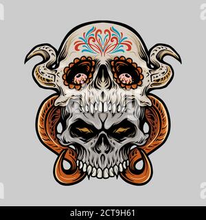 two sugar skull Muertos illustrations for clothing line merchandise, sticker tees, and poster advertising Stock Photo