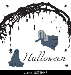 Halloween greeting card. Night background with ghosts and cobwebs Stock Vector