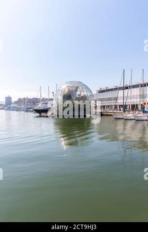 Italy, Genoa, Glass sphere La Biosfera at Porto Antico Stock Photo