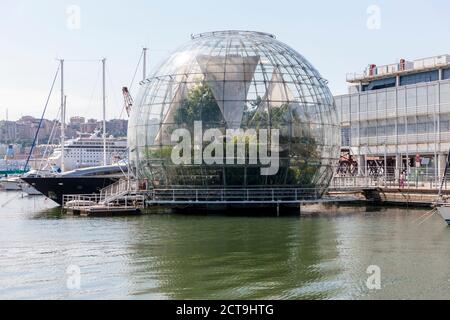 Italy, Genoa, Glass sphere La Biosfera at Porto Antico Stock Photo
