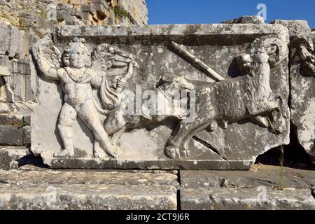 Turkey, Aydin Province, Caria, antique marble frieze of a hunting putto, archaeological site of Miletus Stock Photo