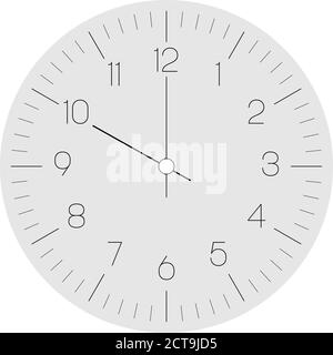 Clock face. Hour dial with numbers and hour, minute and second hand. Dashes mark minutes and hours. Thin outline design. Simple flat vector illustration. Stock Vector
