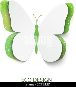 Eco concept green butterfly cut out of paper, abstract vector background. Eco design with butterfly Stock Vector
