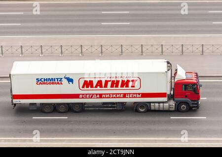 Semi-trailer truck supply of food products to a large supermarket chain Magnit in Russia, Saint-Petersburg. 30 august 2020 Stock Photo