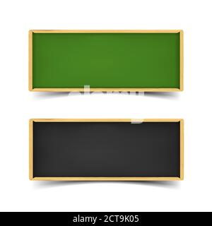 School board banner set. Realistic vector illustration of green and black boards with chalk and wooden borders. Horizontal web banners with shadow iso Stock Vector