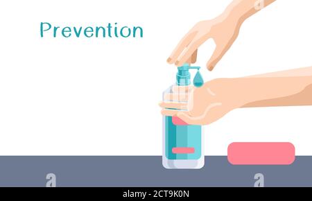 Prevention text on white backdrop with copy space. Hand disinfection  for social banner, medical poster, social network warning. Chemist shop logo or Stock Vector