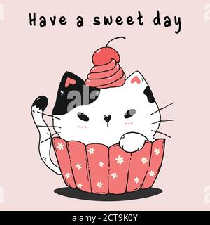 cute fat white cat in pink muffin with daisy pattern, whipcream and cherry on head, idea for greeting card, printable, wall art, nursery, kid Stock Vector