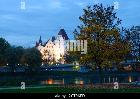Germany, Bavaria, Ingolstadt, New Castle at Danube river and Klenzepark the evening Stock Photo