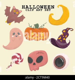 Halloween element clip art collection, watercolour paint, cute drawing, idea for greeting card, printable stuff, wall art Stock Vector