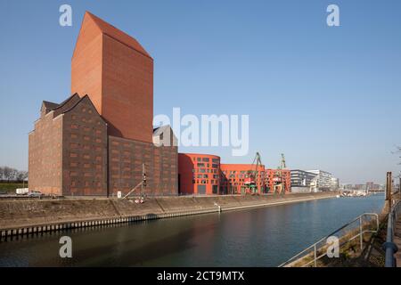 Germany, North Rhine-Westphalia, Duisburg, inner harbour, view to Landesarchiv, formerly granary Stock Photo