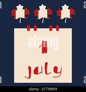 Tear off calendar on white isolated backdrop. Canadian flag on maple leaf for invitation or gift card, social banner, holiday flyer. Phone case or clo Stock Vector