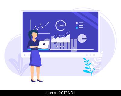 Online education infographics, women presenting on the front, remote work, and business communication concepts. Stock Vector