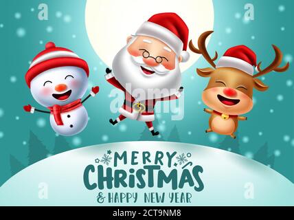 Merry christmas vector banner background design. Merry christmas text with santa claus, reindeer and snowman xmas characters playing in falling snow. Stock Vector