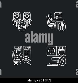 Economy class train services chalk white icons set on black background Stock Vector