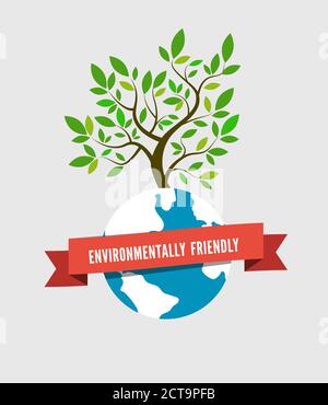 Big flat tree on the globe with red ribbon and space for text. Flat vector illustration modern design template. Ecology concept, World Environment Day Stock Vector