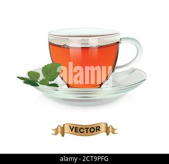 Cups of tea with green leaves on white background, realistic vector illustration Stock Vector