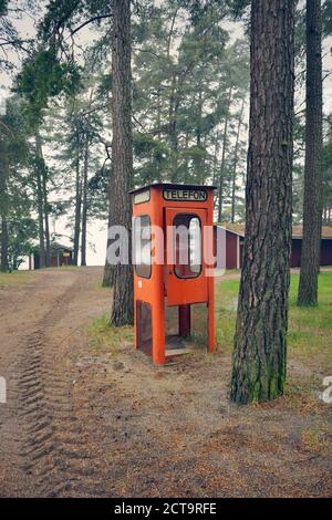 Sweden, Karlstad, Abandoned telephone booth in the woods