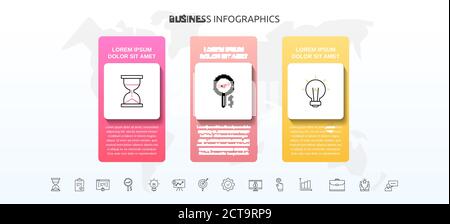 Infographics square with three steps, icons. Vector template used for diagram, business, banner, workflow layout, presentations, flowchart, info Stock Vector