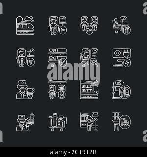 Train services chalk white icons set on black background Stock Vector